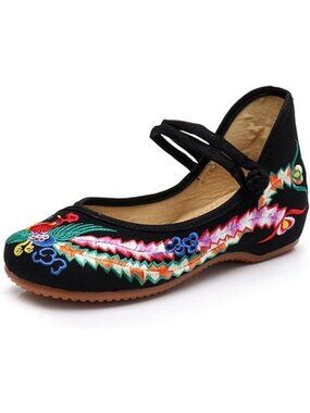 YunPeng Size 10 Flats Mary Jane Ballet Shoes Embroidered Black Multicolor